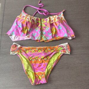 Trina Turk Pinkberry Woodblock Halter Neck Print 2 Piece Swimsuit Size 12/10